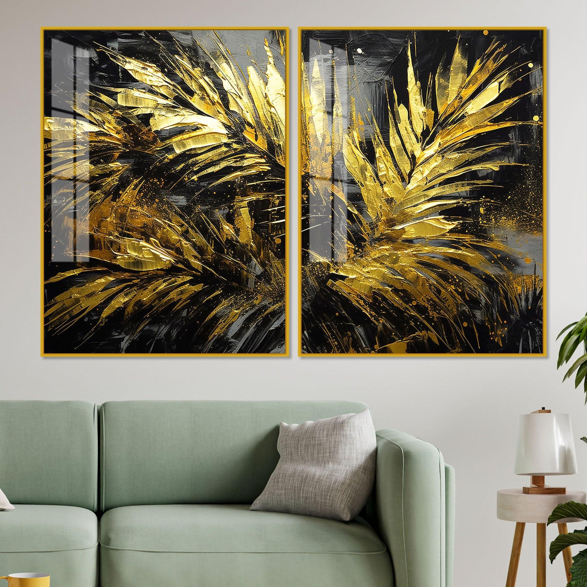 Premium Black and Shiny Gold Palm Leaves Acrylic Floating Wall Painting Set Of 2 - Decor Mantra 