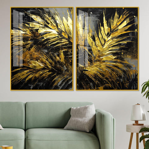Premium Black and Shiny Gold Palm Leaves Acrylic Floating Wall Painting Set Of 2 - Decor Mantra 