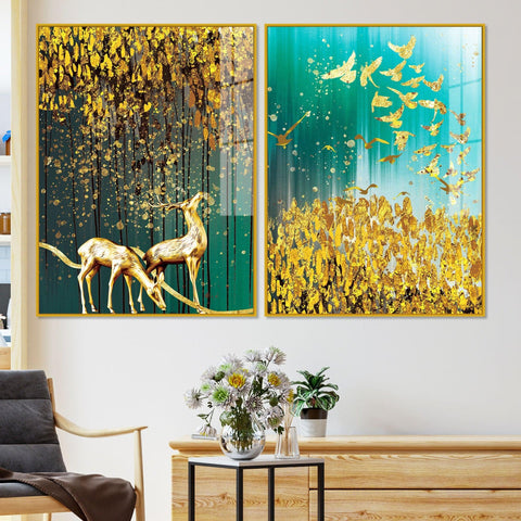 Beautiful Golden Birds and Deer Acrylic Floating Wall Painting Set Of 2 - Decor Mantra 