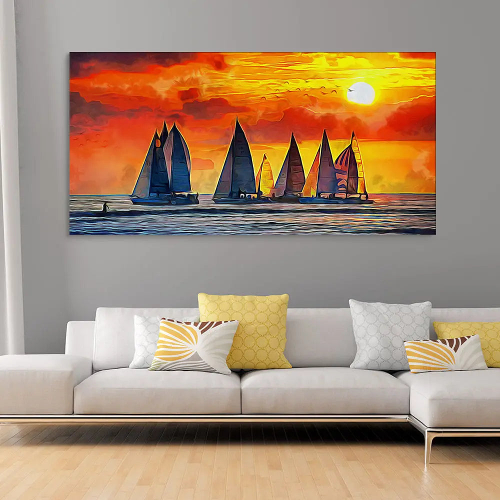 Beautiful Seascape with Sunset Canvas Wall Painting Decor Mantra