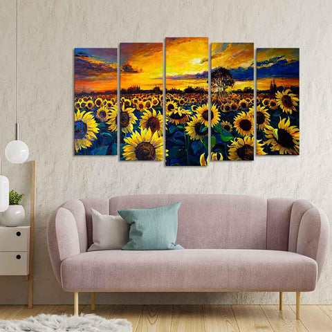 Beautiful Sunflower Garden Canvas Wall Painting of Five Pieces - Decor Mantra 