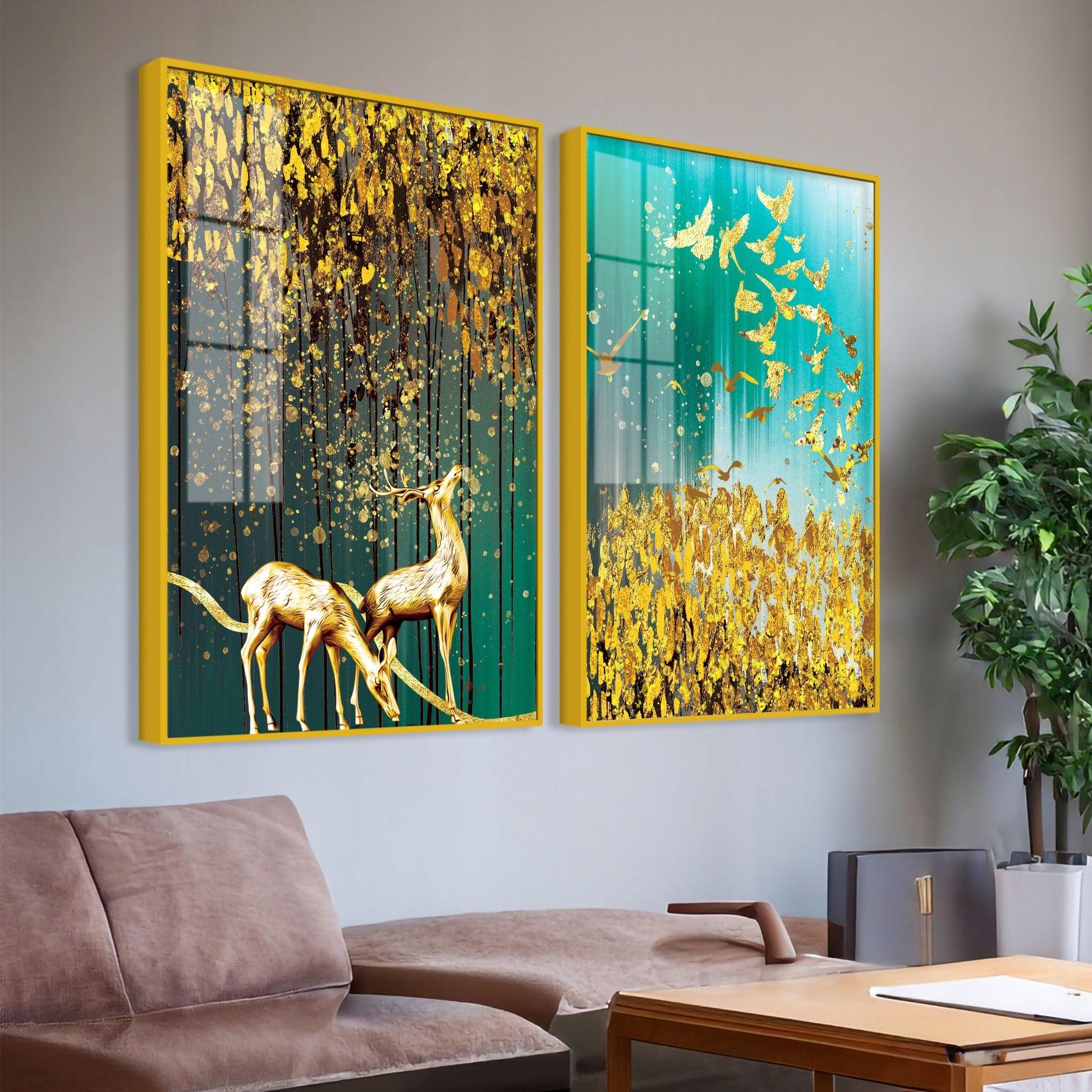 Beautiful Golden Birds and Deer Acrylic Floating Wall Painting Set Of 2 - Decor Mantra 