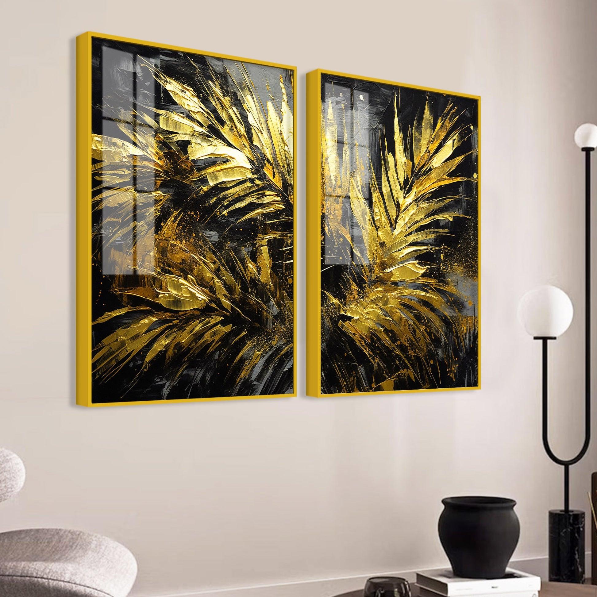 Premium Black and Shiny Gold Palm Leaves Acrylic Floating Wall Painting Set Of 2 - Decor Mantra 