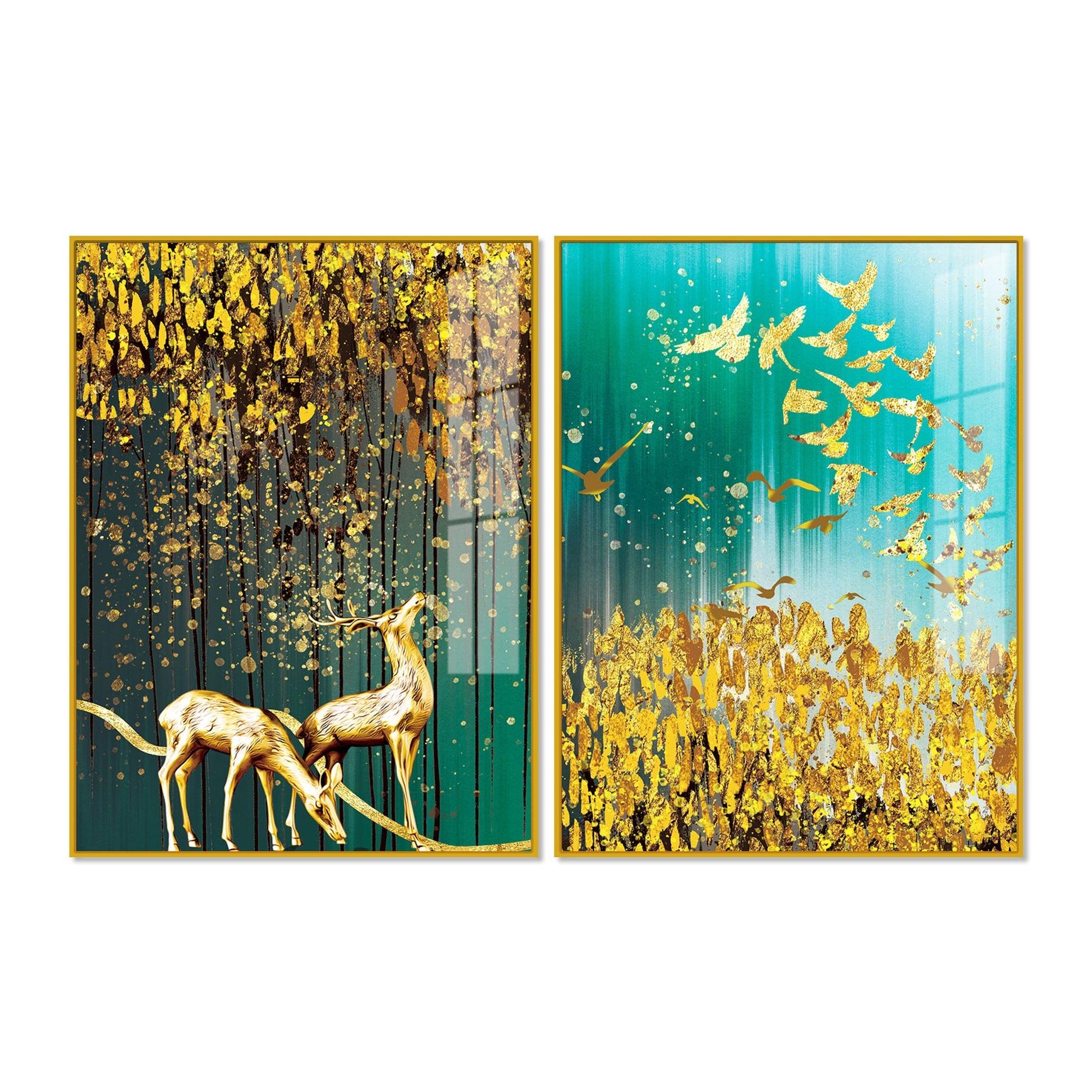 Beautiful Golden Birds and Deer Acrylic Floating Wall Painting Set Of 2 - Decor Mantra 
