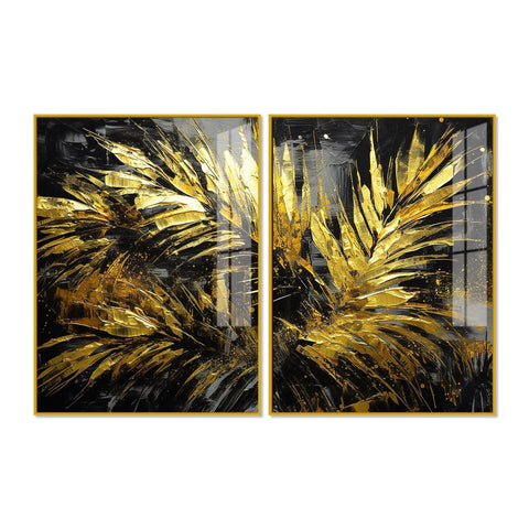 Premium Black and Shiny Gold Palm Leaves Acrylic Floating Wall Painting Set Of 2 - Decor Mantra 