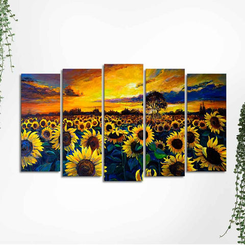Beautiful Sunflower Garden Canvas Wall Painting of Five Pieces - Decor Mantra 