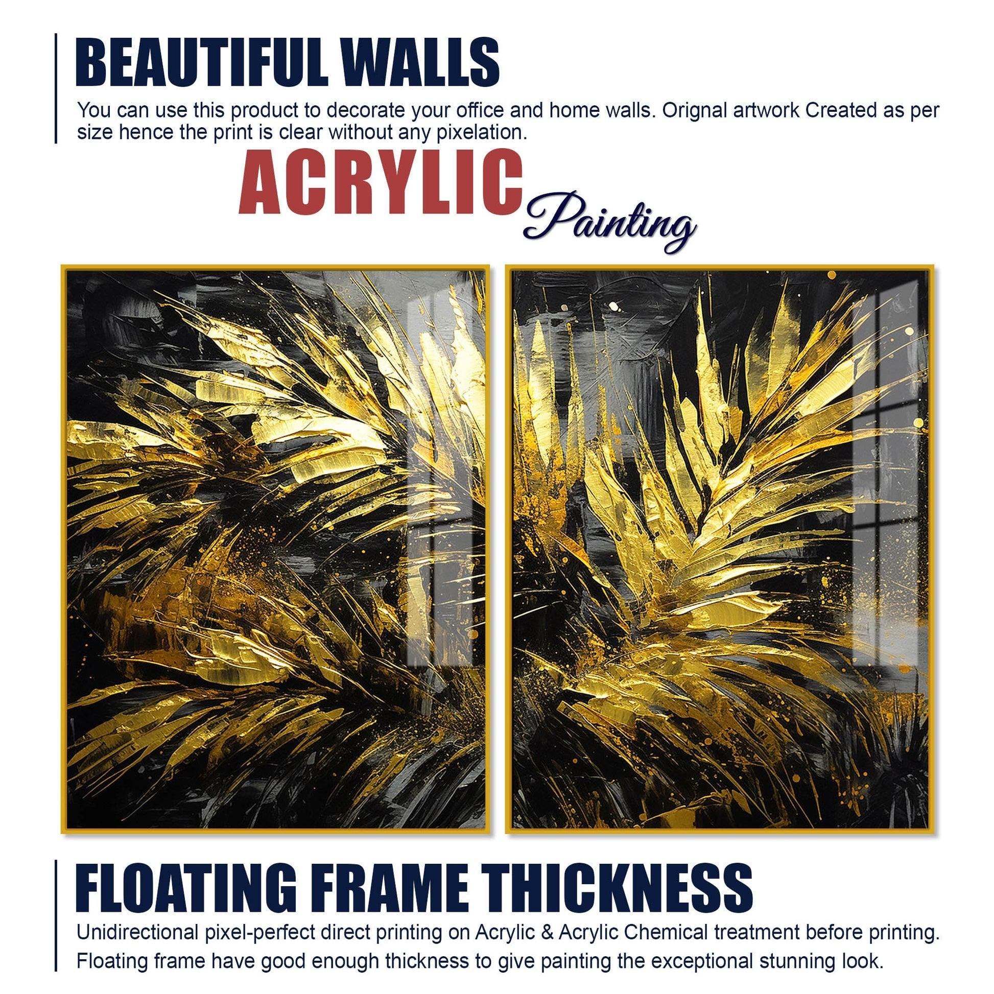 Premium Black and Shiny Gold Palm Leaves Acrylic Floating Wall Painting Set Of 2 - Decor Mantra 