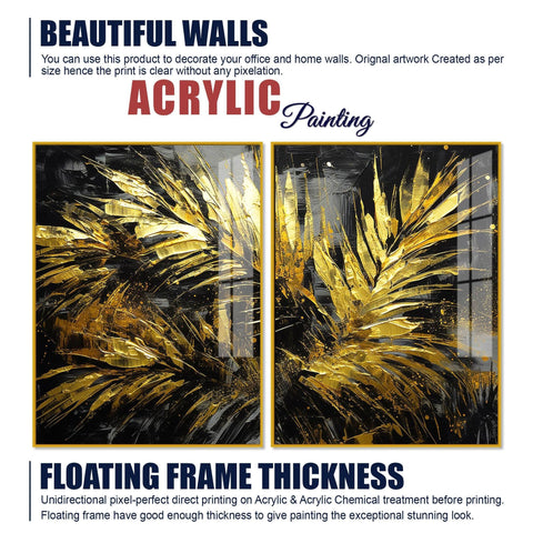 Premium Black and Shiny Gold Palm Leaves Acrylic Floating Wall Painting Set Of 2 - Decor Mantra 