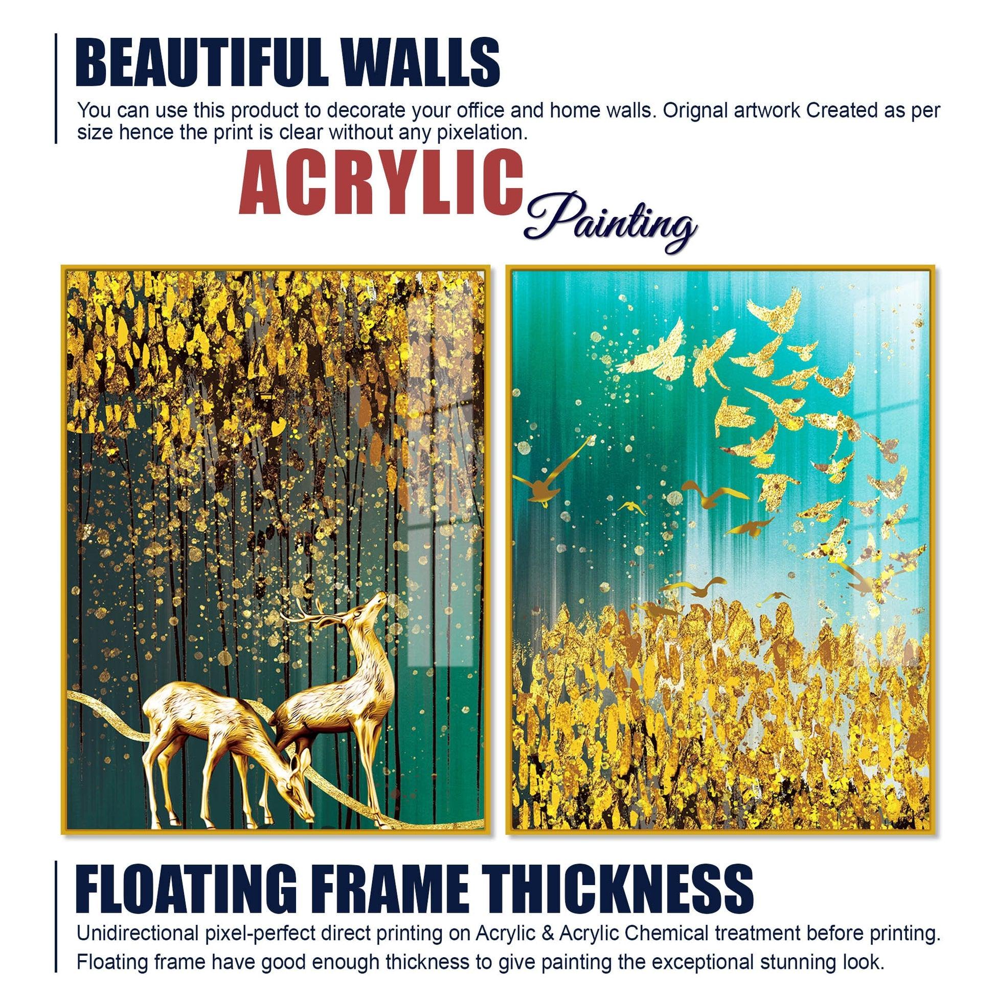 Beautiful Golden Birds and Deer Acrylic Floating Wall Painting Set Of 2 - Decor Mantra 