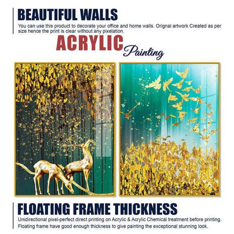 Beautiful Golden Birds and Deer Acrylic Floating Wall Painting Set Of 2 - Decor Mantra 