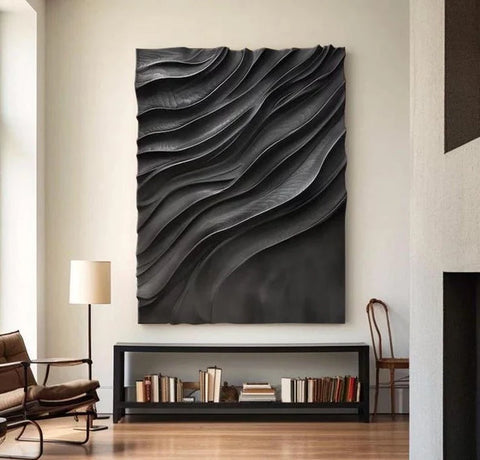 Large Black 3D Wall Art Panel with Wave Texture Design