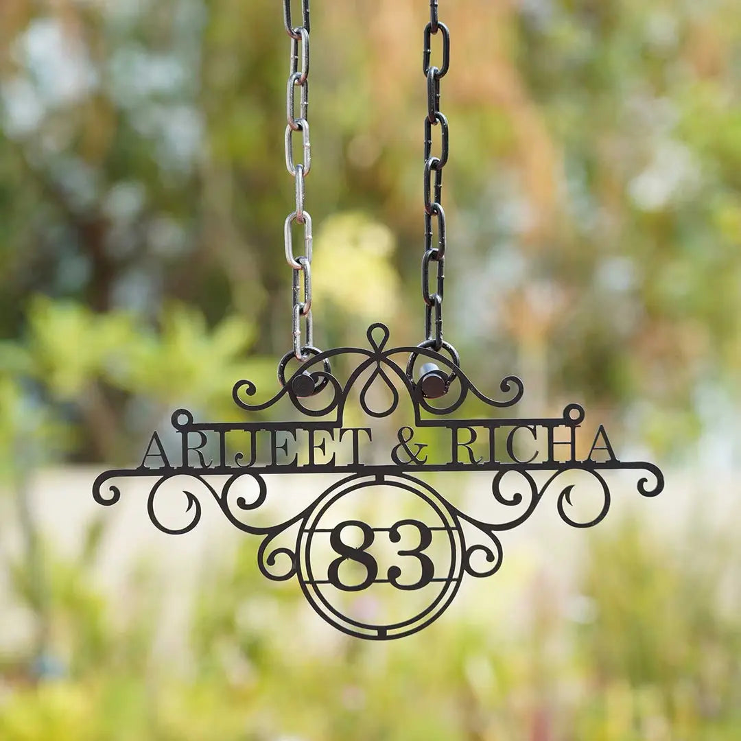Personalized Ornate Weatherproof Metal Name Plate for Home with House Number - Harshita Craft