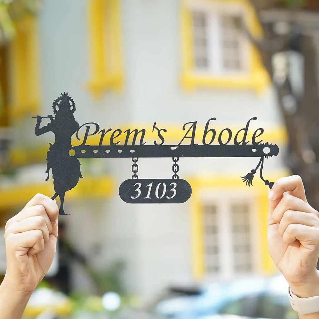 Personalized Krishna Weatherproof Name Plate with House Number - Harshita Craft