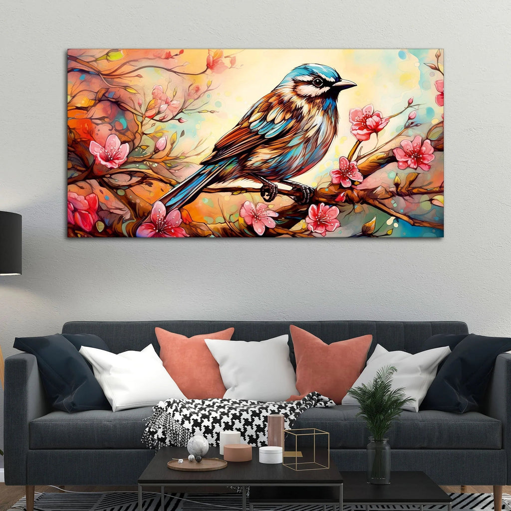Little Sparrow with bright colored Flower Canvas Wall Painting DECORMANTRA