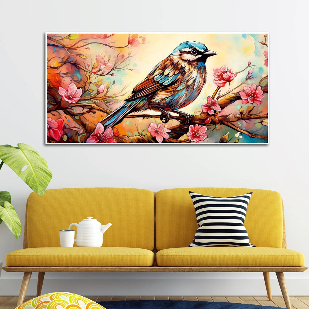 Little Sparrow with bright colored Flower Canvas Wall Painting DECORMANTRA