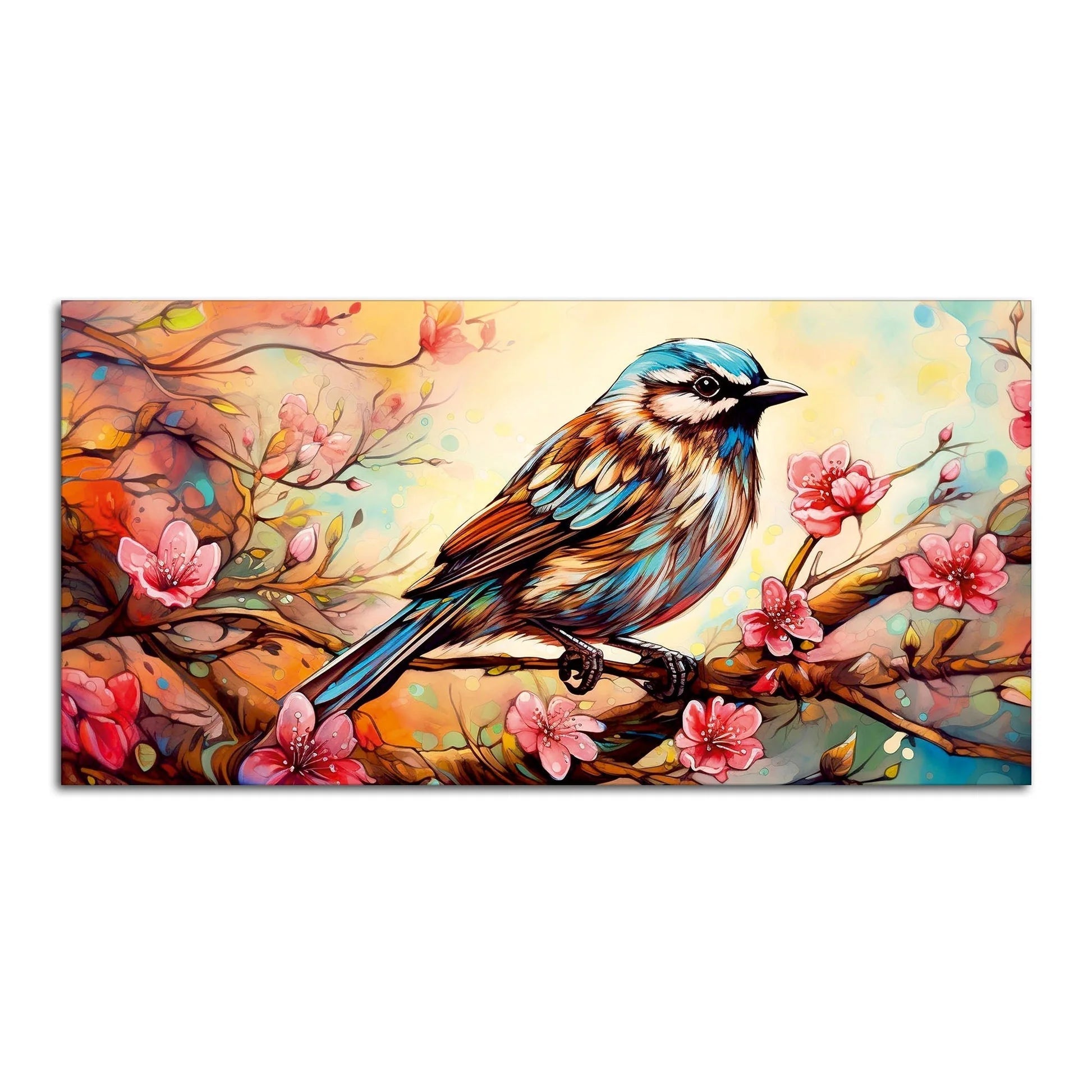 Little Sparrow with bright colored Flower Canvas Wall Painting DECORMANTRA