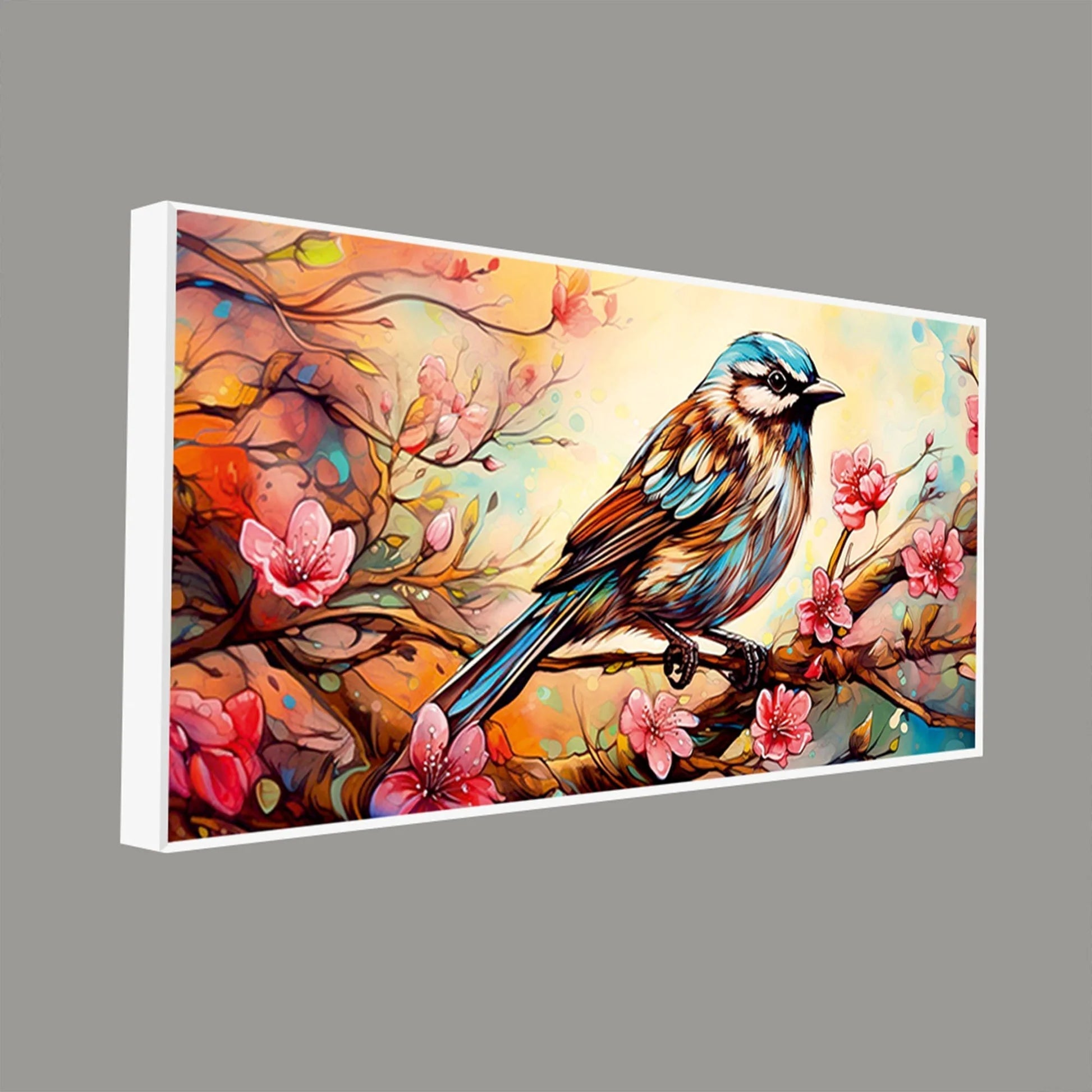 Little Sparrow with bright colored Flower Canvas Wall Painting DECORMANTRA