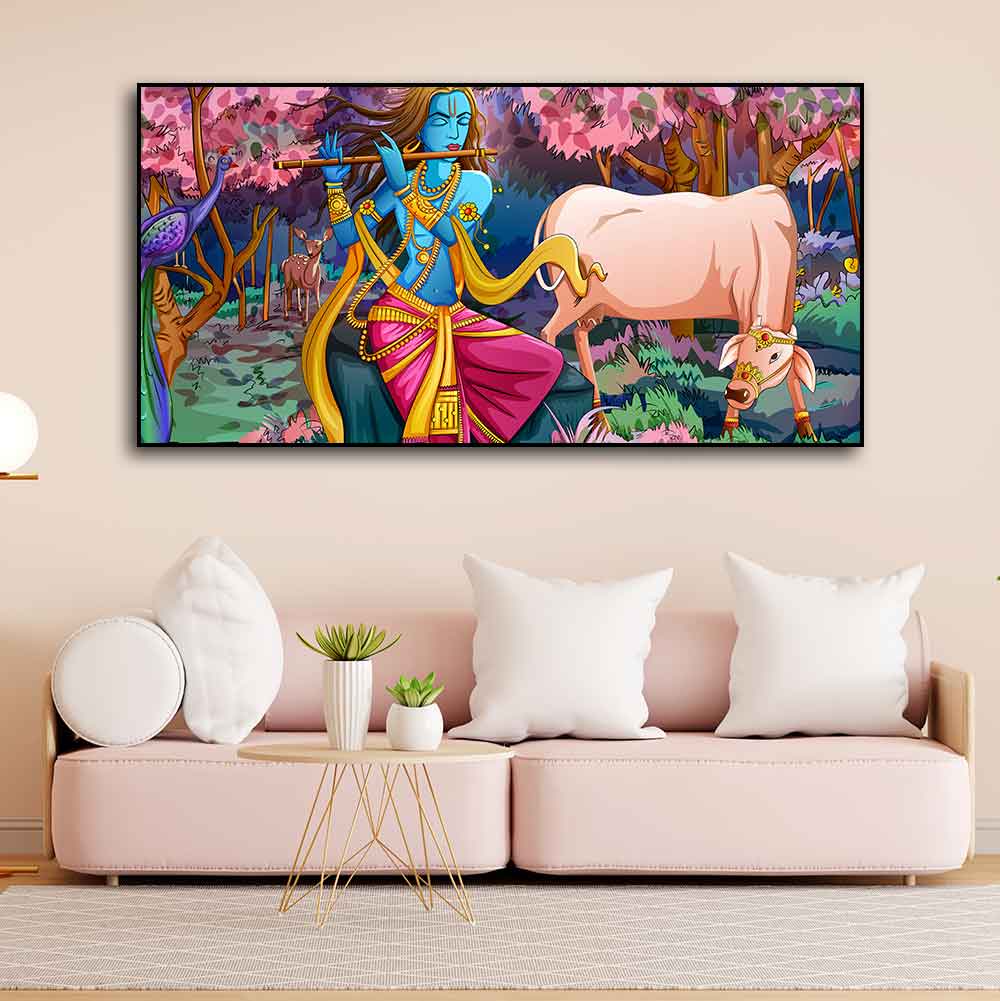 Lord Krishna Playing Flute Pink Trees in Background Canvas Wall Painting DECORMANTRA