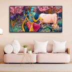 Lord Krishna Playing Flute Pink Trees in Background Canvas Wall Painting DECORMANTRA
