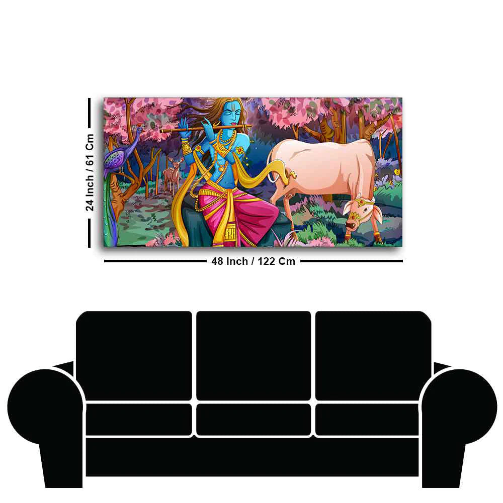 Lord Krishna Playing Flute Pink Trees in Background Canvas Wall Painting DECORMANTRA