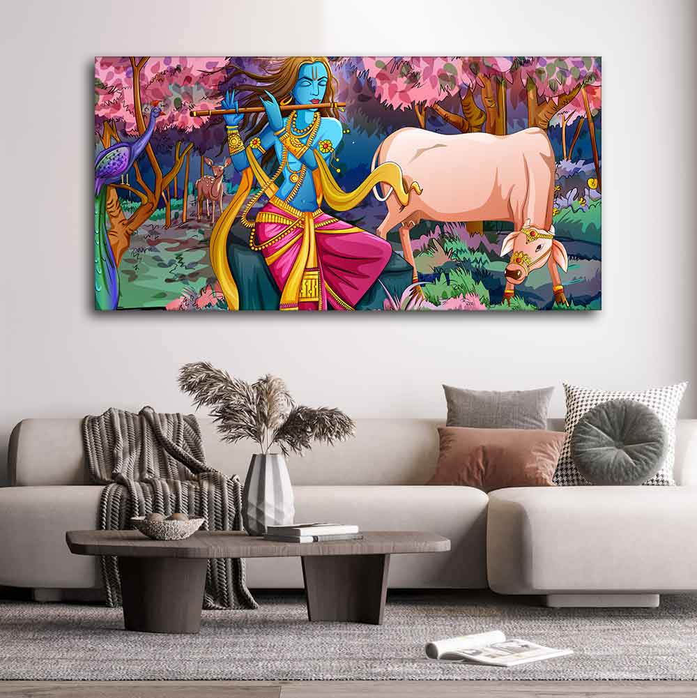 Lord Krishna Playing Flute Pink Trees in Background Canvas Wall Painting DECORMANTRA