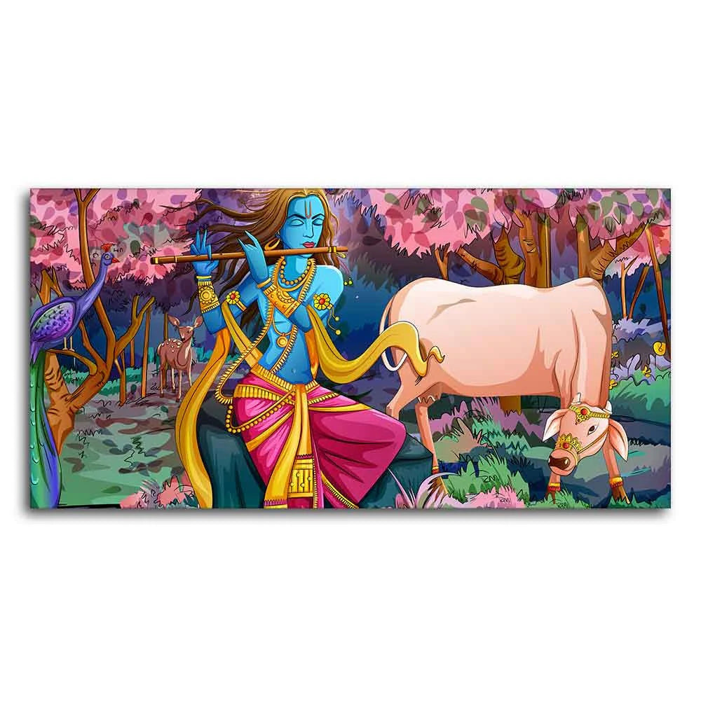 Lord Krishna Playing Flute Pink Trees in Background Canvas Wall Painting DECORMANTRA