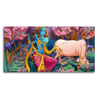 Lord Krishna Playing Flute Pink Trees in Background Canvas Wall Painting DECORMANTRA