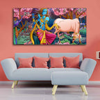 Lord Krishna Playing Flute Pink Trees in Background Canvas Wall Painting DECORMANTRA