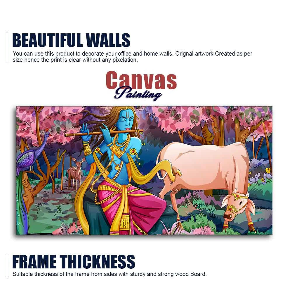 Lord Krishna Playing Flute Pink Trees in Background Canvas Wall Painting DECORMANTRA