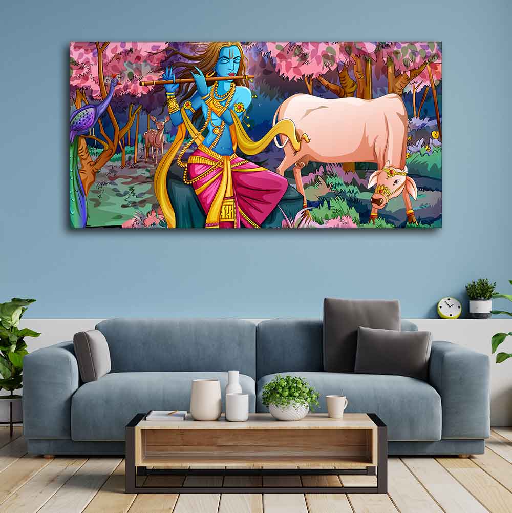 Lord Krishna Playing Flute Pink Trees in Background Canvas Wall Painting DECORMANTRA