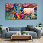 Lord Krishna Playing Flute Pink Trees in Background Canvas Wall Painting DECORMANTRA