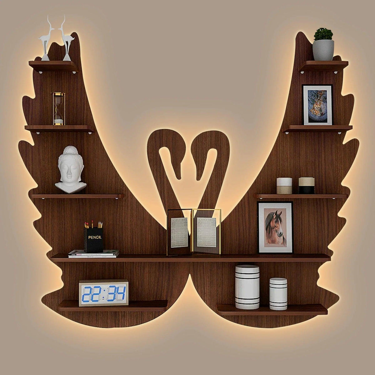 Loving Swan Backlit Designer Wooden Wall Shelf / Book Shelf / Night Light, Walnut Finish - Decor Mantra 