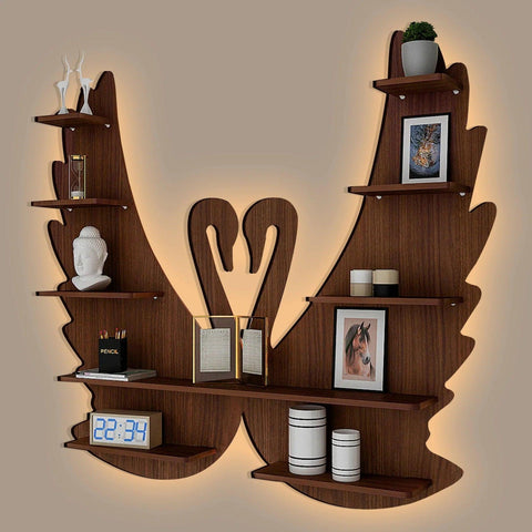 Loving Swan Backlit Designer Wooden Wall Shelf / Book Shelf / Night Light, Walnut Finish - Decor Mantra 