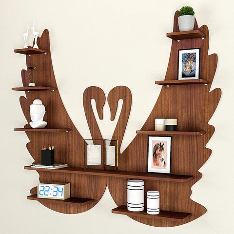 Loving Swan Backlit Designer Wooden Wall Shelf / Book Shelf / Night Light, Walnut Finish - Decor Mantra 