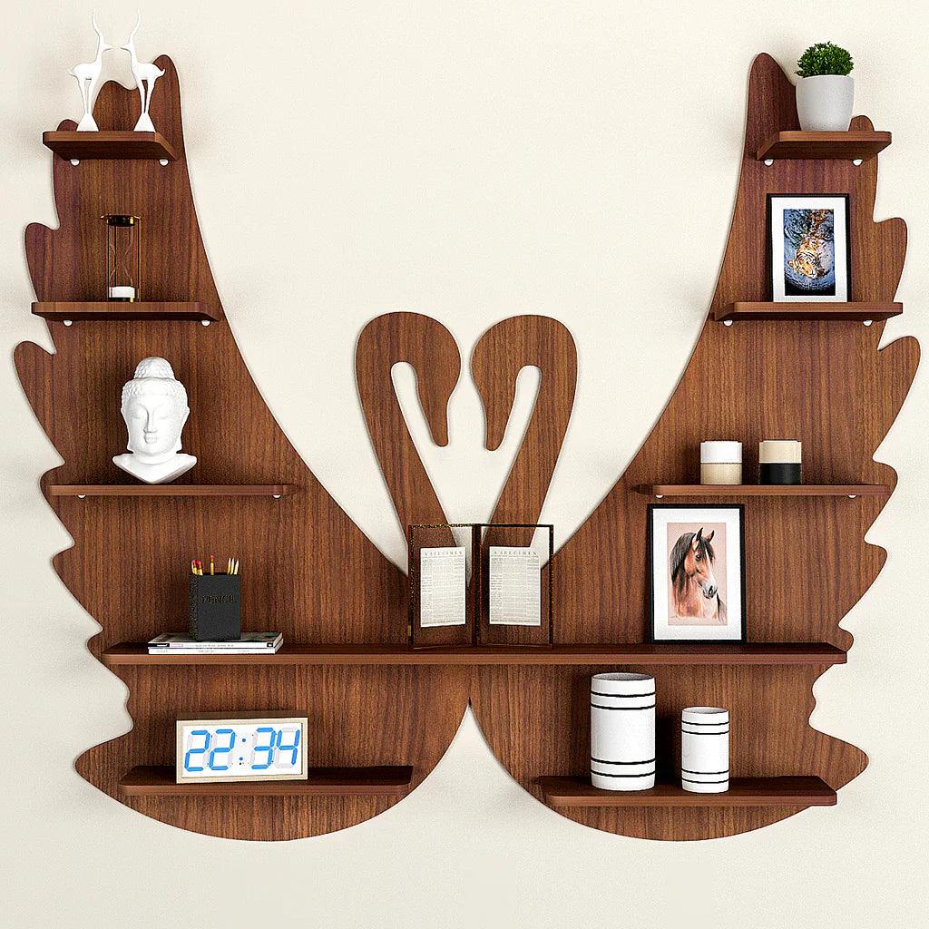 Loving Swan Backlit Designer Wooden Wall Shelf / Book Shelf / Night Light, Walnut Finish - Decor Mantra 