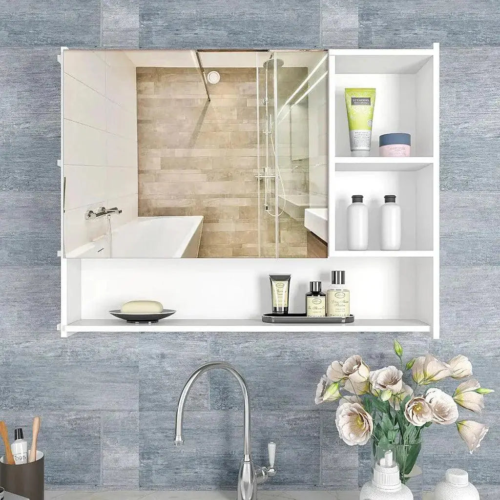 Luxurious Elegant Designer Large Bathroom Mirror Cabinet with 5 Spacious Shelves White Finish - Decor Mantra 