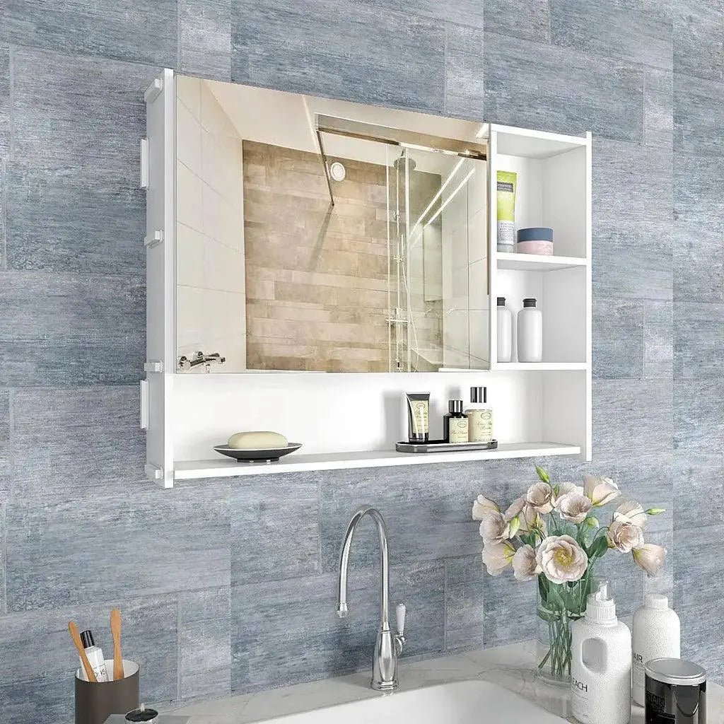 Luxurious Elegant Designer Large Bathroom Mirror Cabinet with 5 Spacious Shelves White Finish - Decor Mantra 