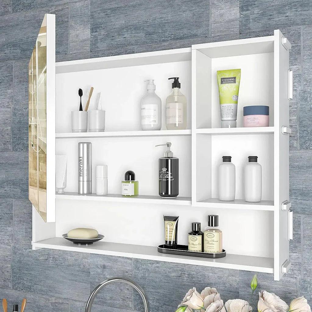 Luxurious Elegant Designer Large Bathroom Mirror Cabinet with 5 Spacious Shelves White Finish - Decor Mantra 