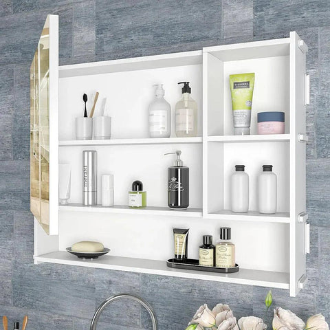 Luxurious Elegant Designer Large Bathroom Mirror Cabinet with 5 Spacious Shelves White Finish - Decor Mantra 