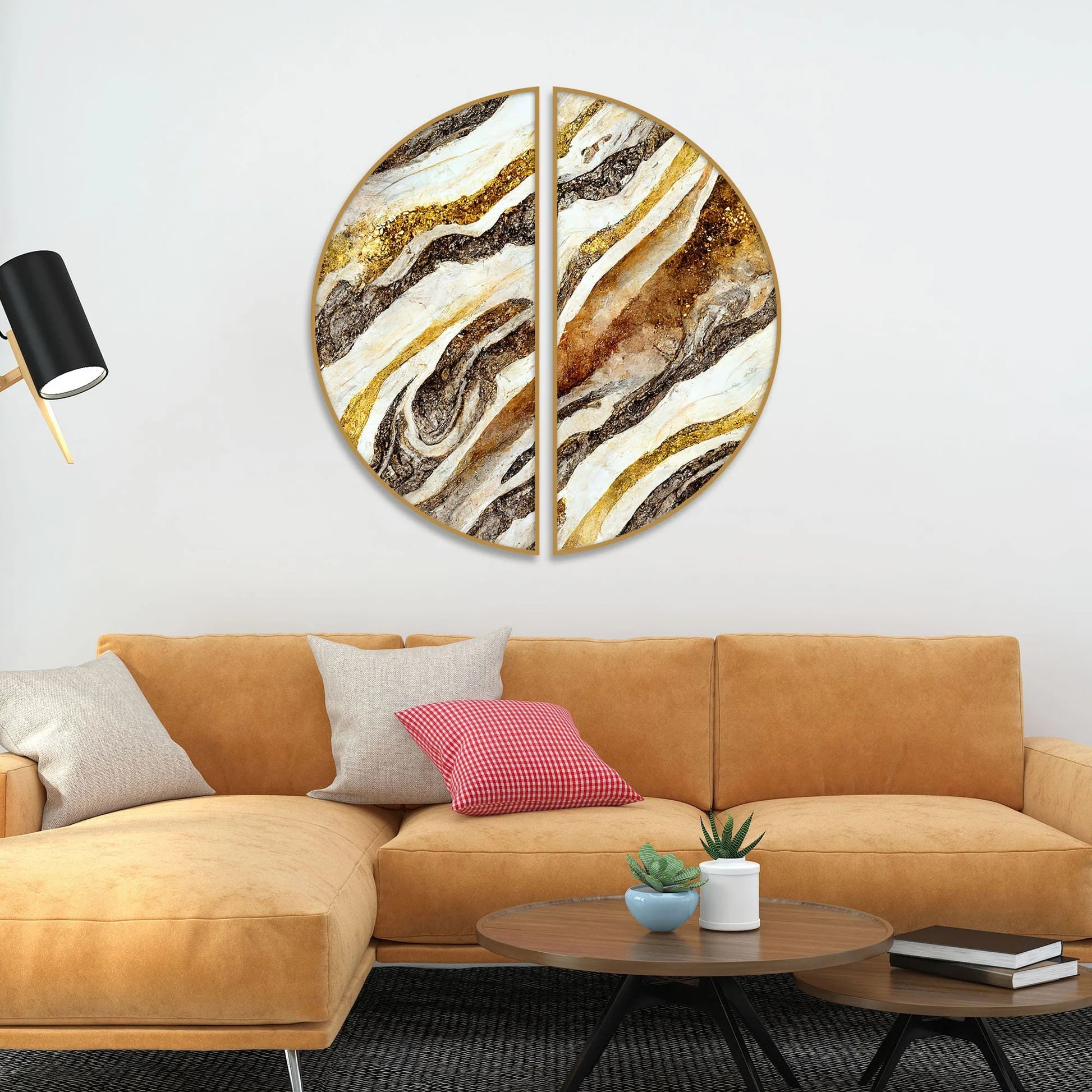 Luxurious Golden Marble Texture Art Semi Circle Frames Set Of 2 - Decor Mantra 