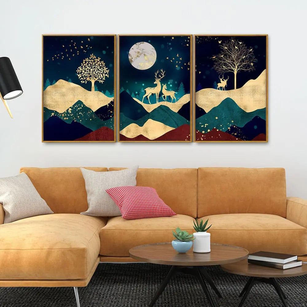 Luxurious Modern Art of Mountains and Deer Floating Canvas Wall Painting Set of Three DECORMANTRA