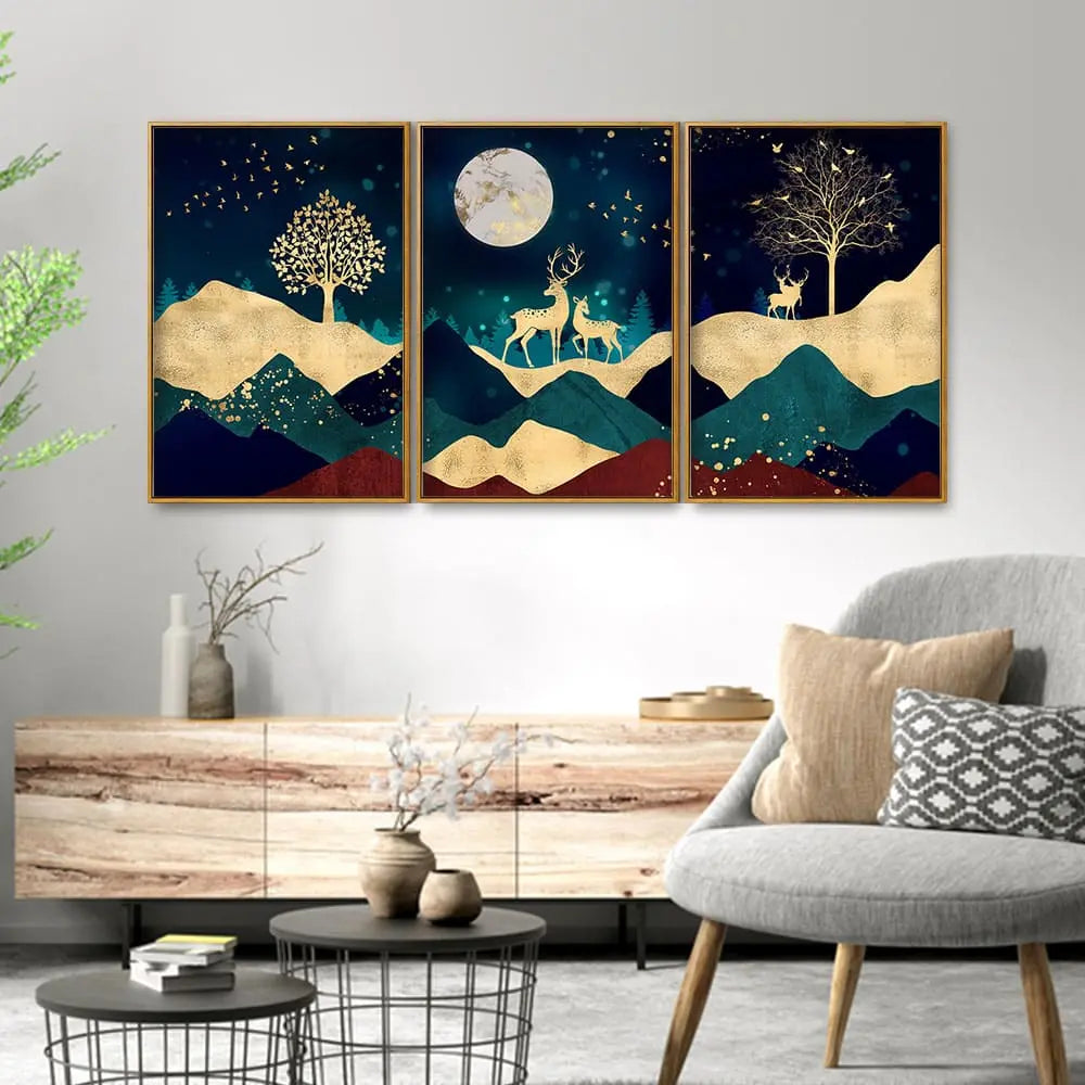 Luxurious Modern Art of Mountains and Deer Floating Canvas Wall Painting Set of Three DECORMANTRA