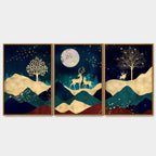 Luxurious Modern Art of Mountains and Deer Floating Canvas Wall Painting Set of Three DECORMANTRA