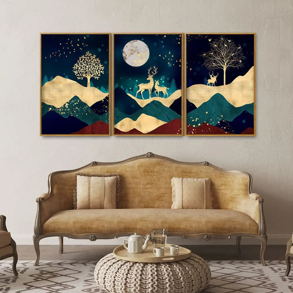 Luxurious Modern Art of Mountains and Deer Floating Canvas Wall Painting Set of Three DECORMANTRA