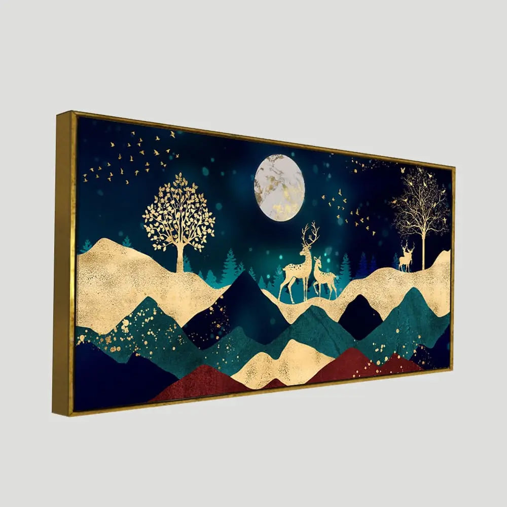 Luxurious Modern Art of Mountains and Golden Tropical leaves Canvas Wall Painting Premium Wall Painting DECORMANTRA