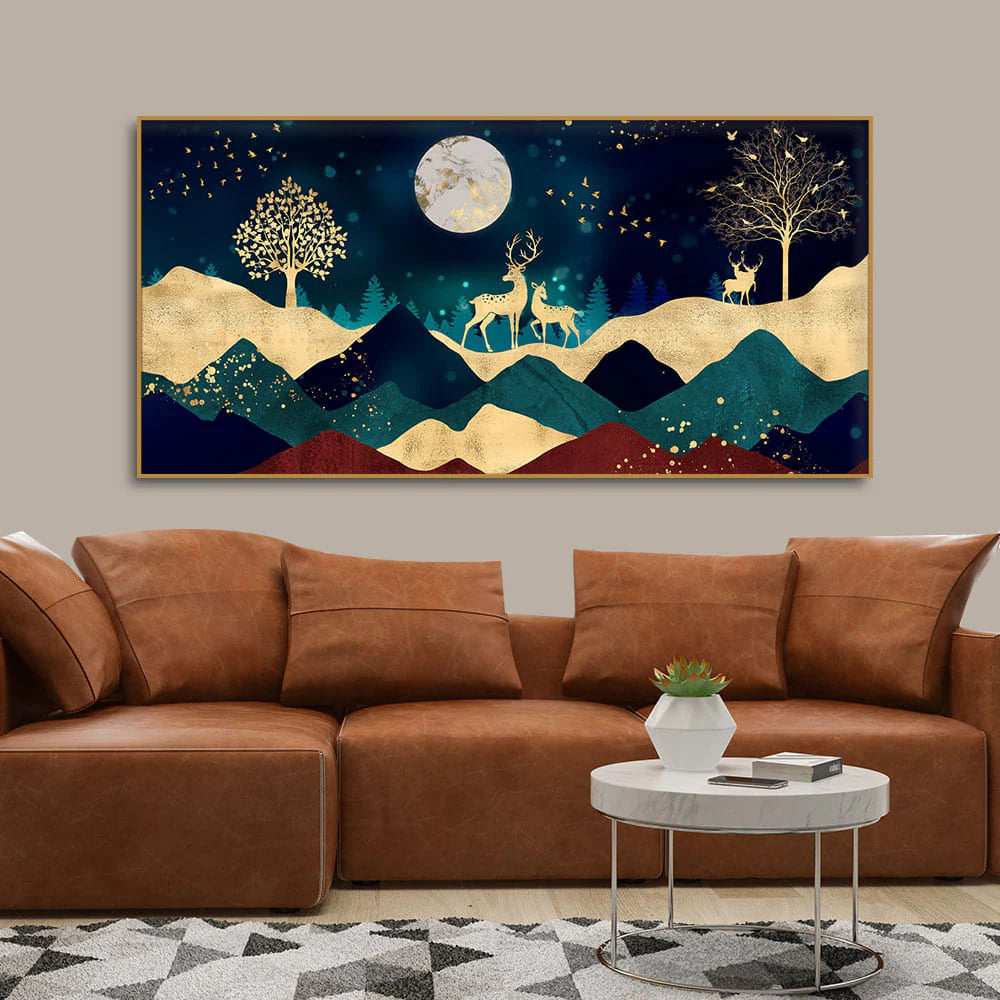 Luxurious Modern Art of Mountains and Golden Tropical leaves Canvas Wall Painting Premium Wall Painting DECORMANTRA