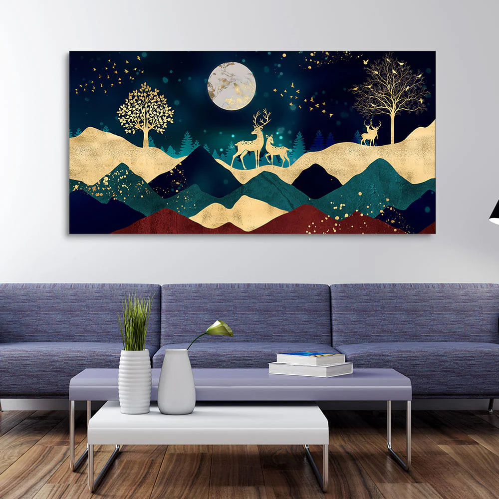 Luxurious Modern Art of Mountains and Golden Tropical leaves Canvas Wall Painting Premium Wall Painting DECORMANTRA