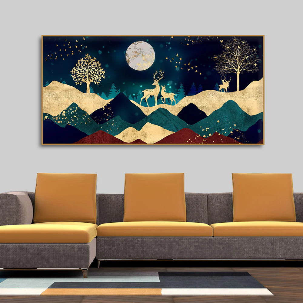 Luxurious Modern Art of Mountains and Golden Tropical leaves Canvas Wall Painting Premium Wall Painting DECORMANTRA