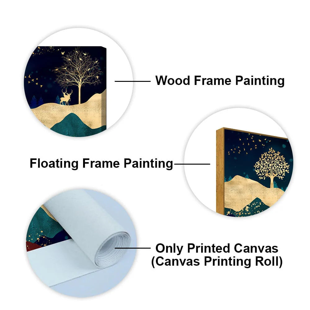 Luxurious Modern Art of Mountains and Golden Tropical leaves Canvas Wall Painting Premium Wall Painting DECORMANTRA
