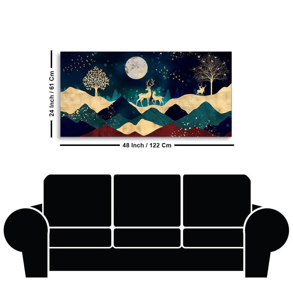 Luxurious Modern Art of Mountains and Golden Tropical leaves Canvas Wall Painting Premium Wall Painting DECORMANTRA